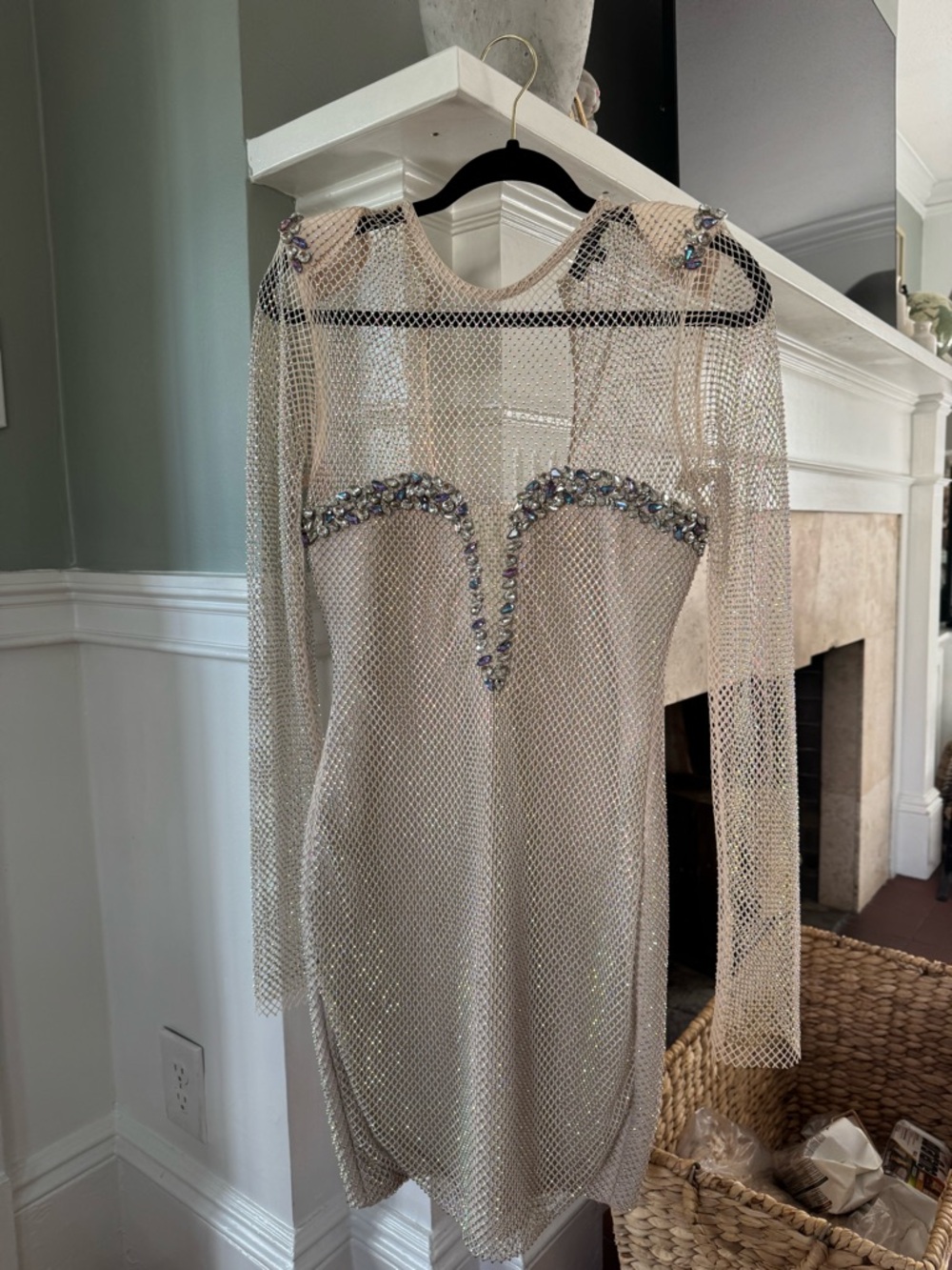 Beulah Ivory Net Long-Sleeve Beaded Mini Dress
